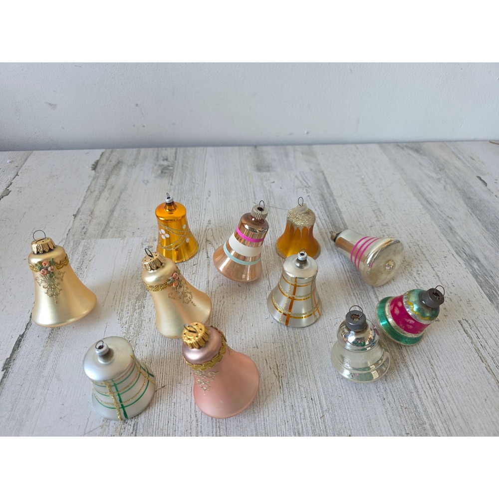Vintage glass bell ornament‎ shiny brite yellow striped plaid glitter gold